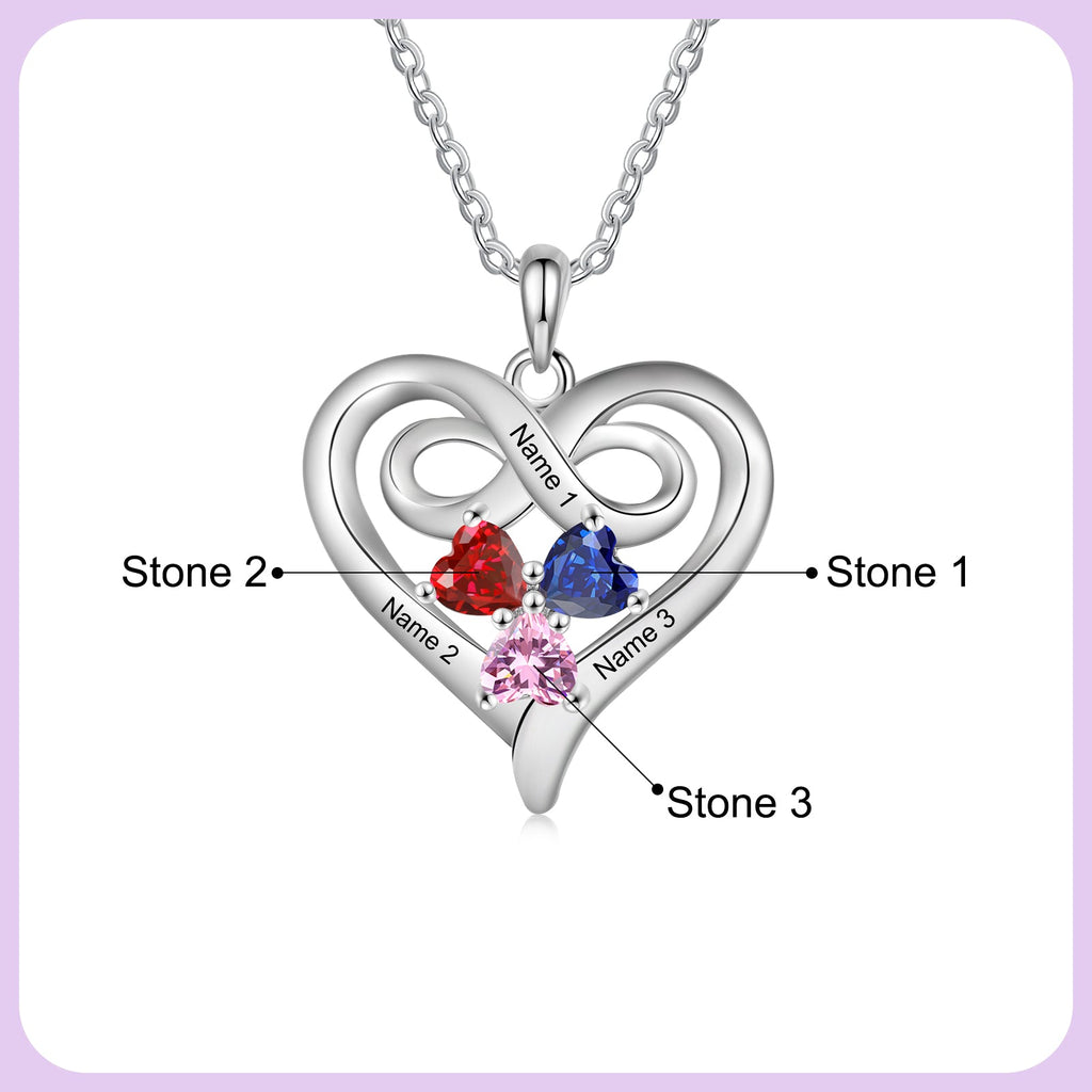 Custom 3 Stone Infinity Heart Necklace: Personalized Stainless Steel Mother's Pendant