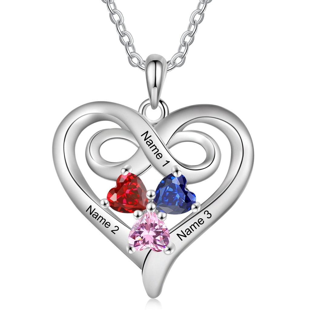 Custom 3 Stone Infinity Heart Necklace: Personalized Stainless Steel Mother's Pendant