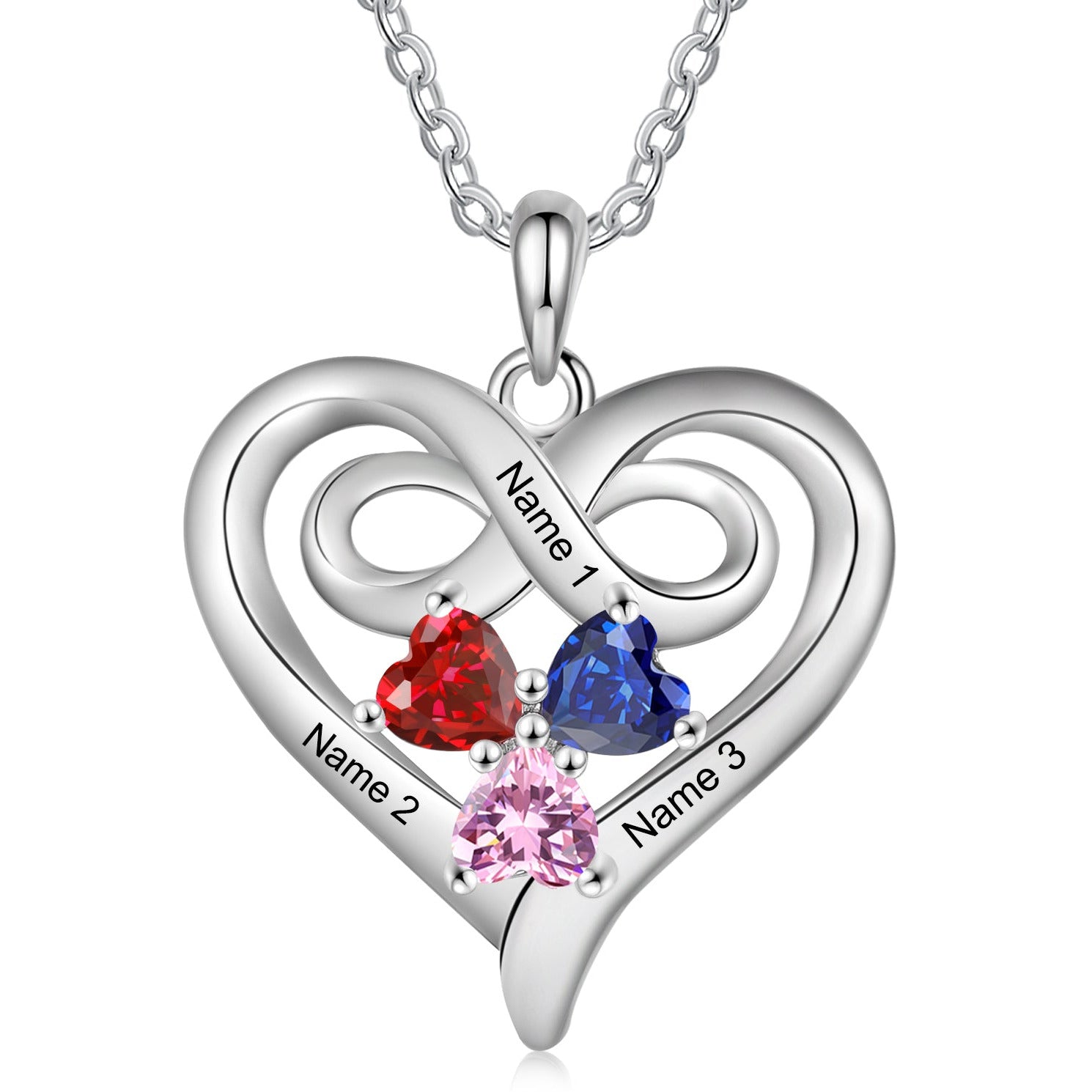 Custom 3 Stone Infinity Heart Necklace: Personalized Stainless Steel Mother's Pendant