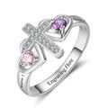 Custom Engraved Name and 2 Birthstone Cross Mother's Ring .925 Sterling Silver
