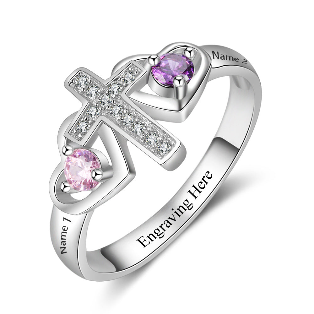 Custom Engraved Name and 2 Birthstone Cross Mother's Ring .925 Sterling Silver