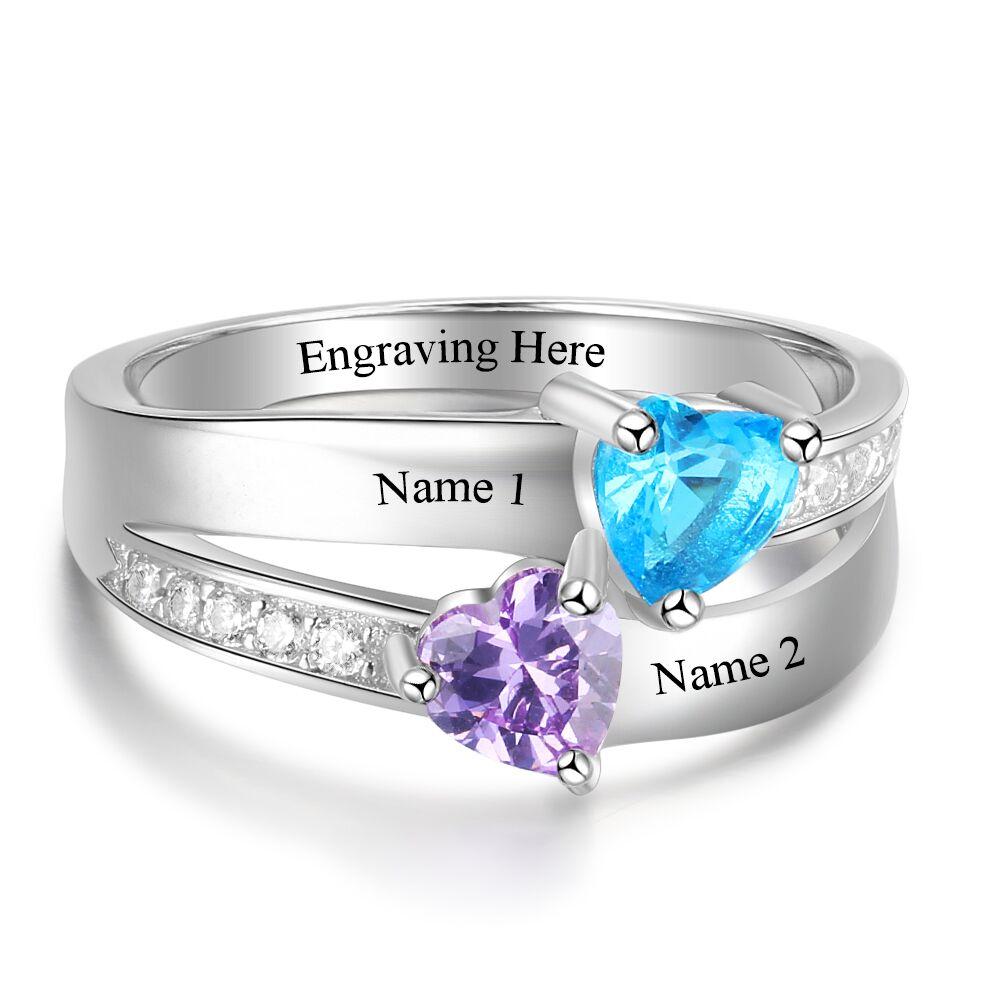 Personalized 2 Birthstone Mother's Ring Elegant Hearts 2 Engraved Names