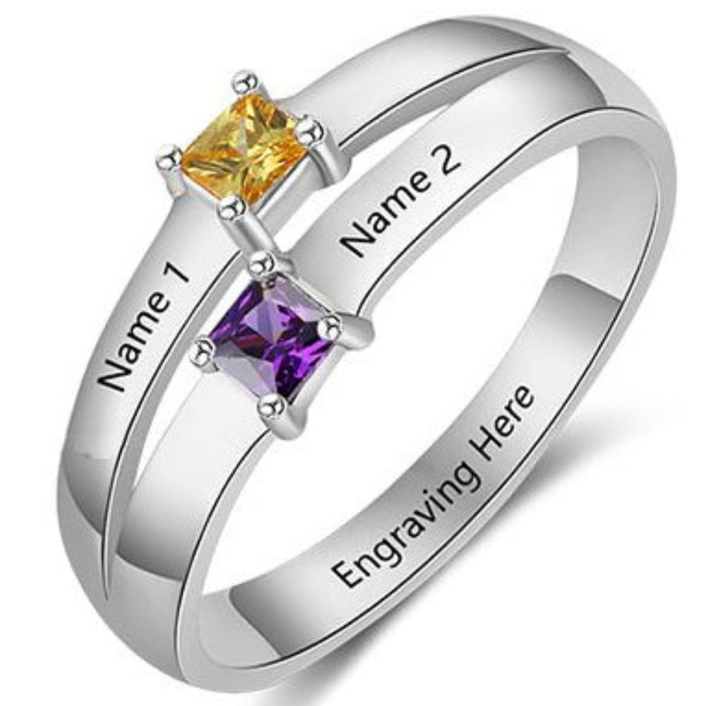 Personalized Mother's Ring 2 Birthstones Pillow Cut 2 Engraved Names