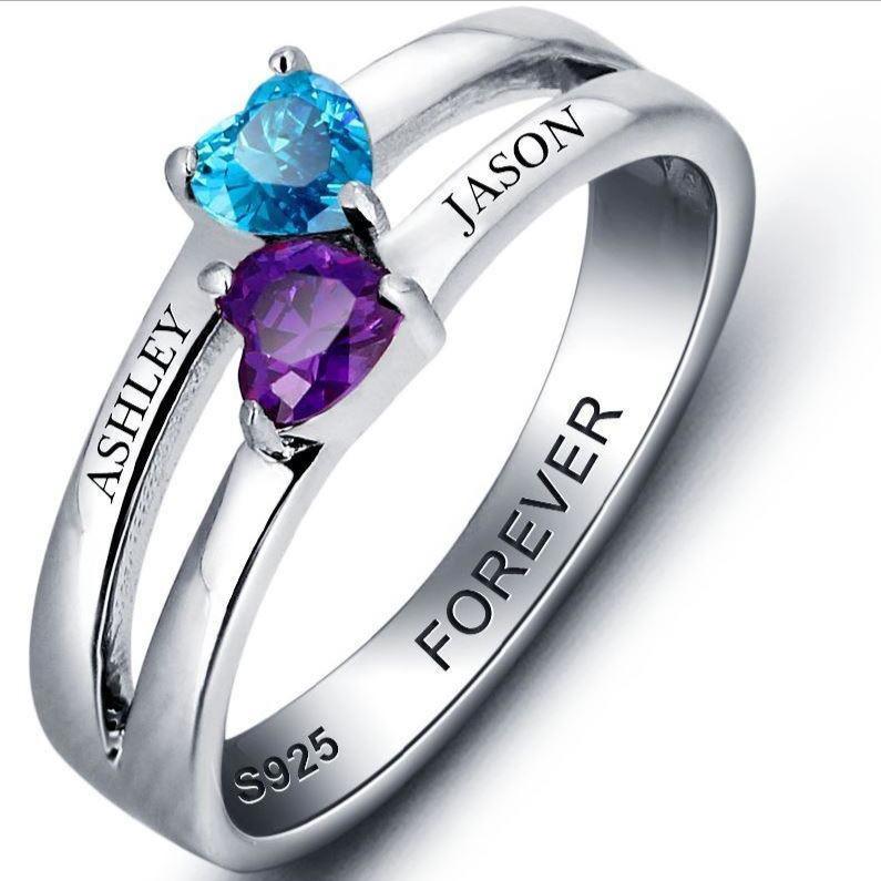 Personalized 2 Birthstone Mother's Ring Reaching Hearts 2 Engraved Names