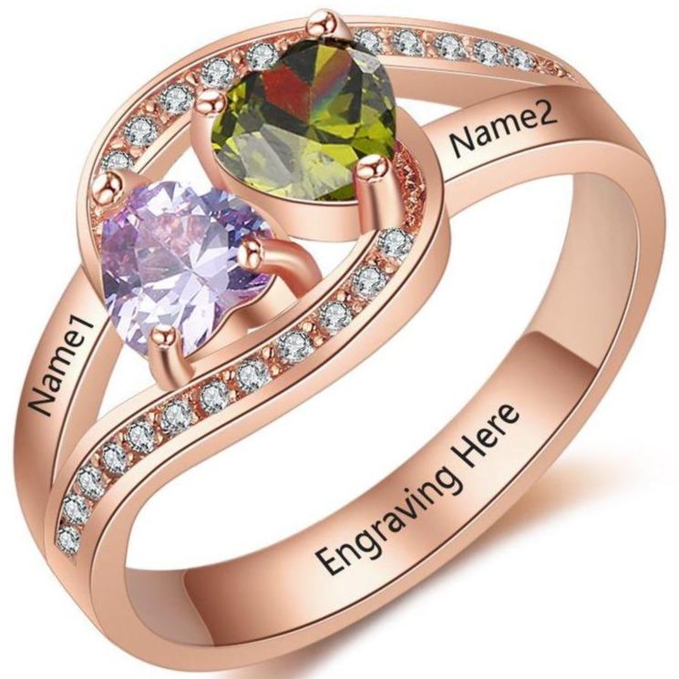 Personalized Rose Gold Mother's Ring 2 Heart Birthstones Passing Hearts 2 Names