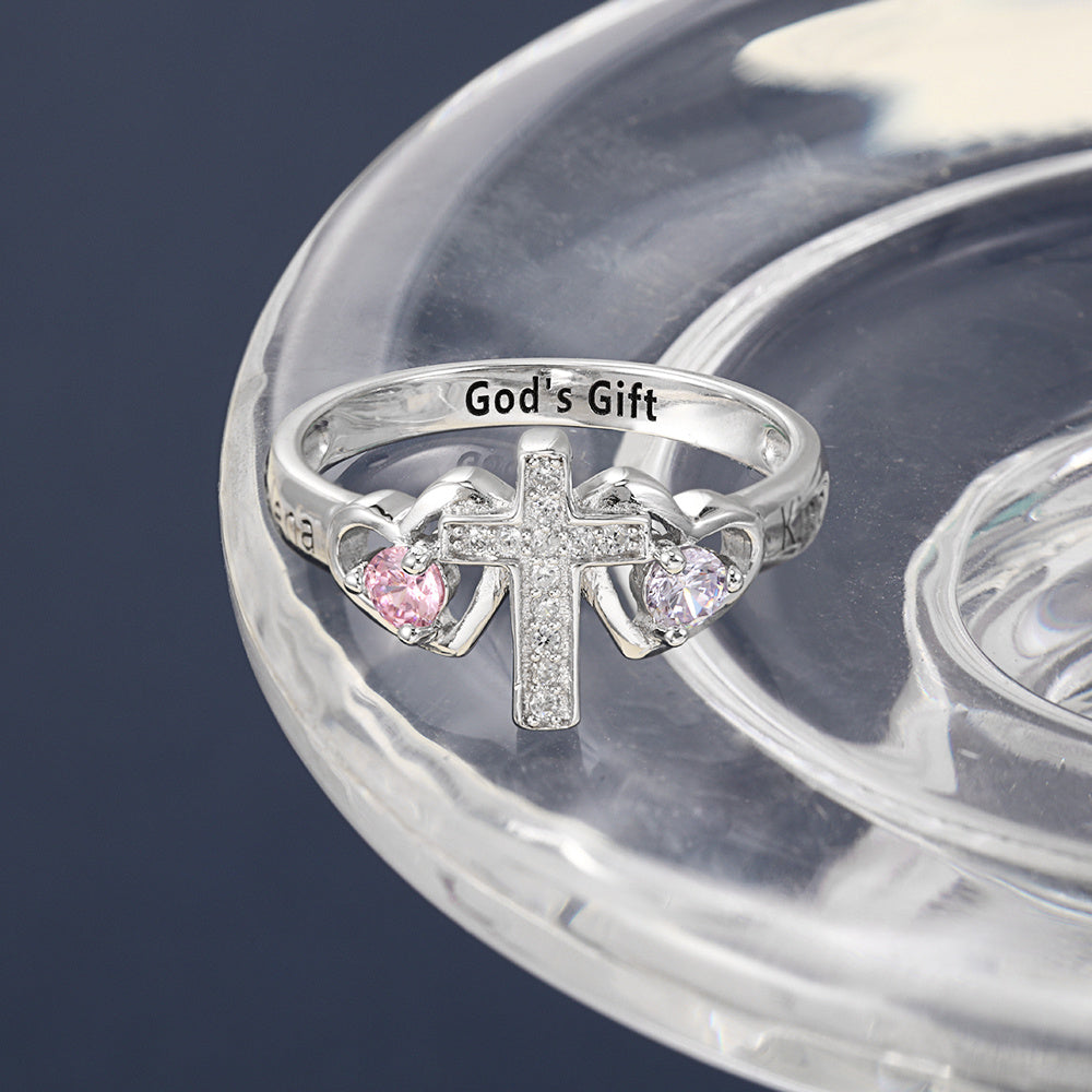 Custom Engraved Name and 2 Birthstone Cross Mother's Ring .925 Sterling Silver