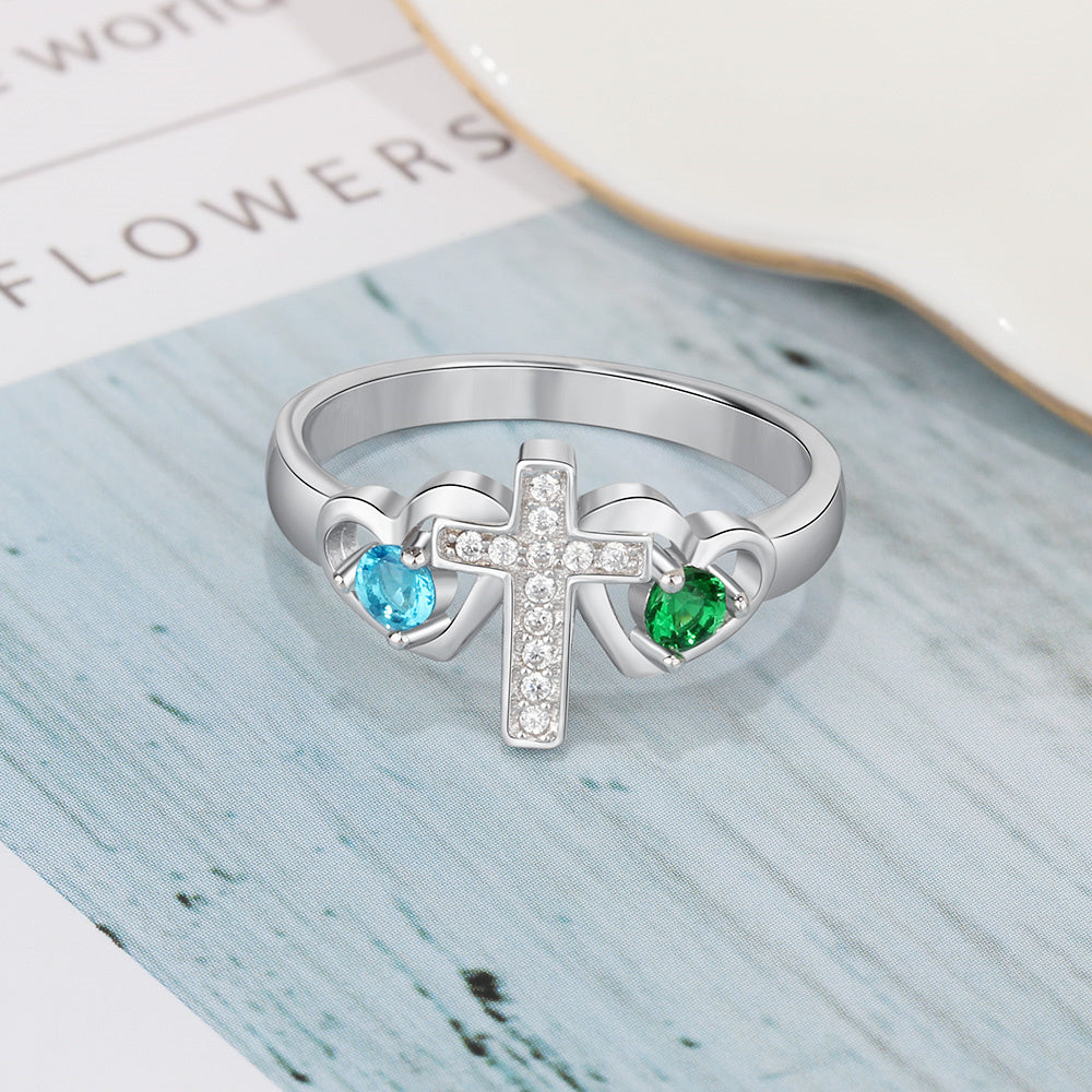 Custom Engraved Name and 2 Birthstone Cross Mother's Ring .925 Sterling Silver