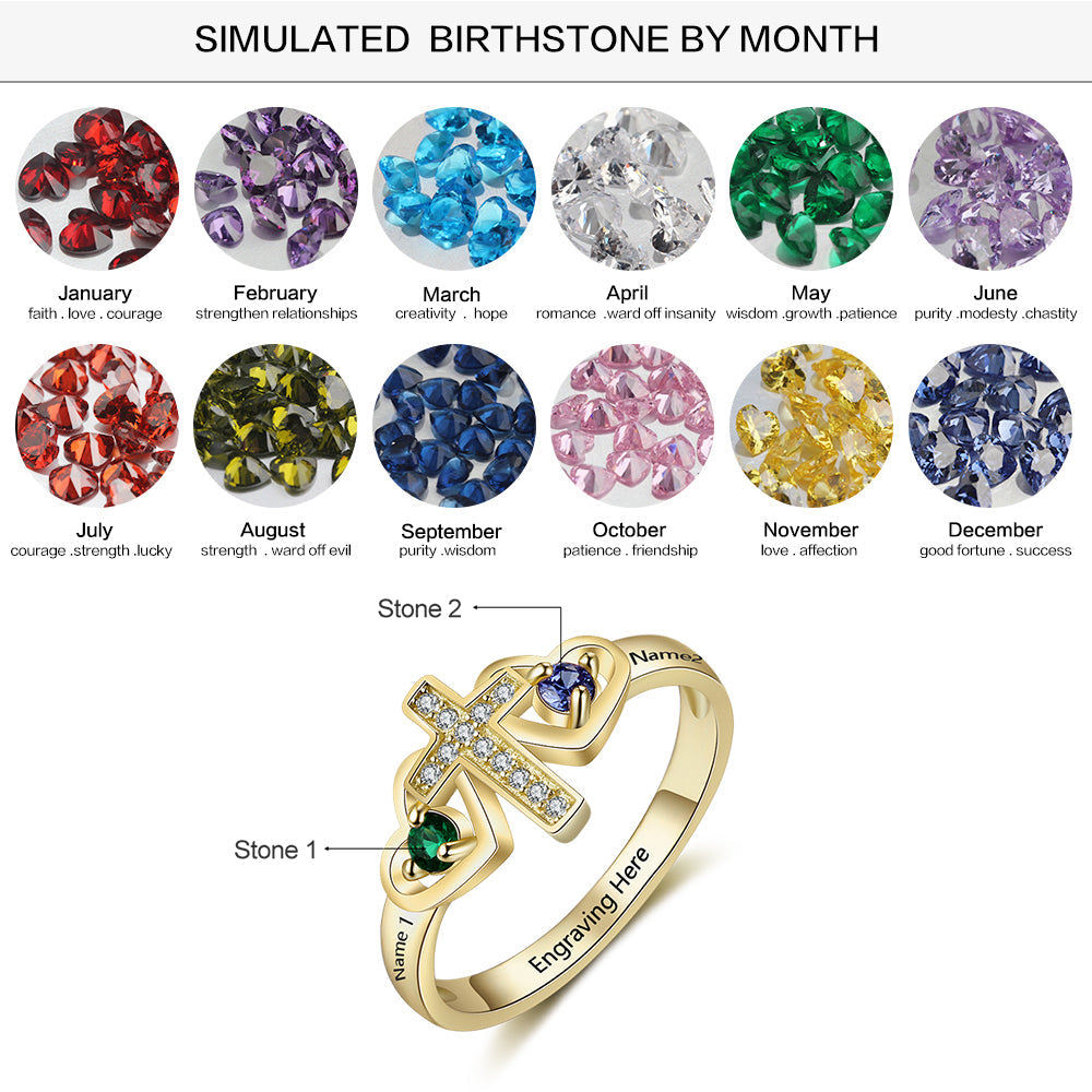 Custom Engraved Name and 2 Birthstone Cross Mother's Ring .925 Sterling Silver