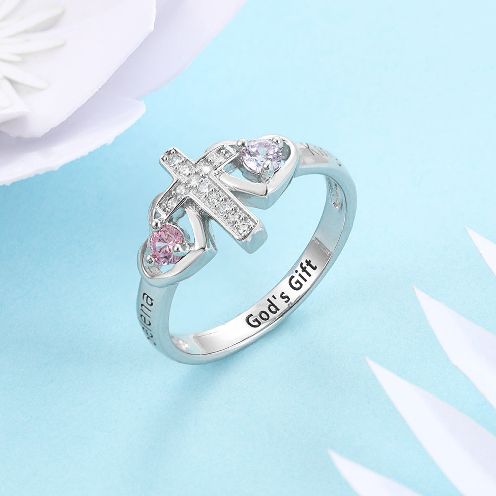 Custom Engraved Name and 2 Birthstone Cross Mother's Ring .925 Sterling Silver