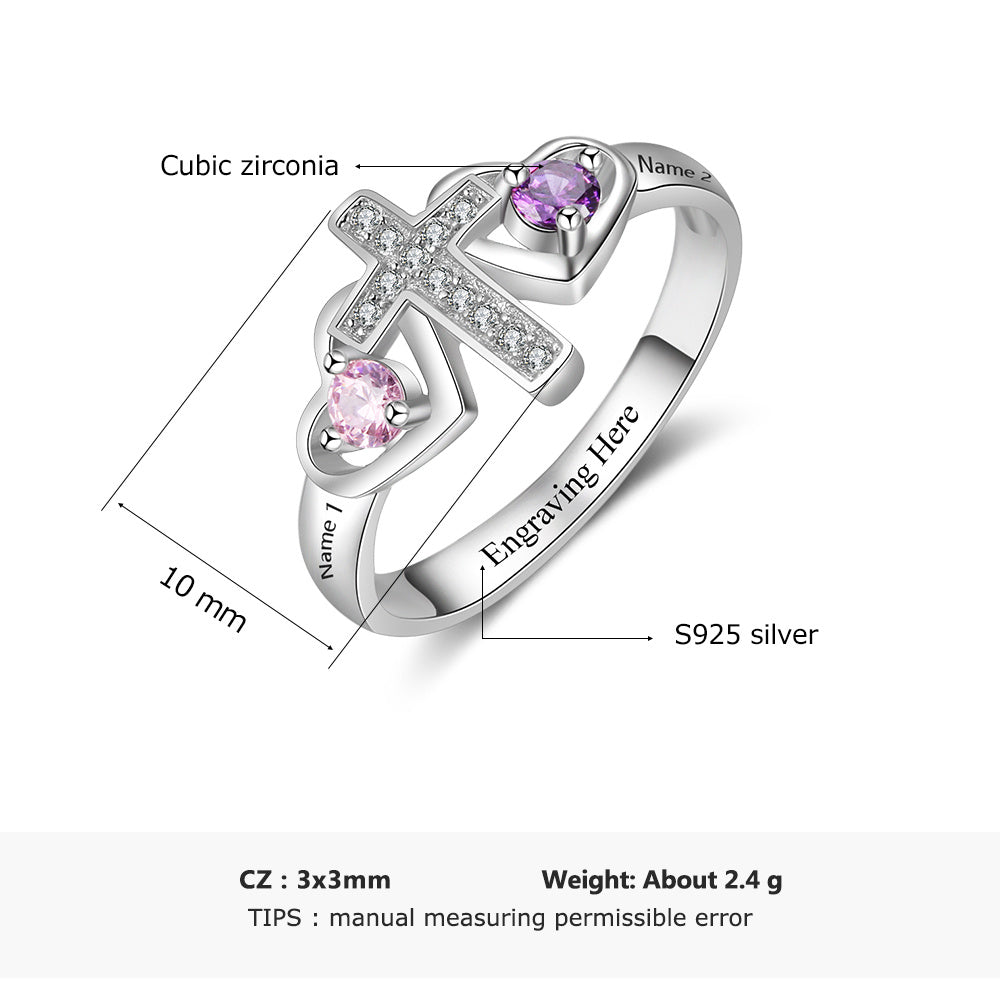 Custom Engraved Name and 2 Birthstone Cross Mother's Ring .925 Sterling Silver