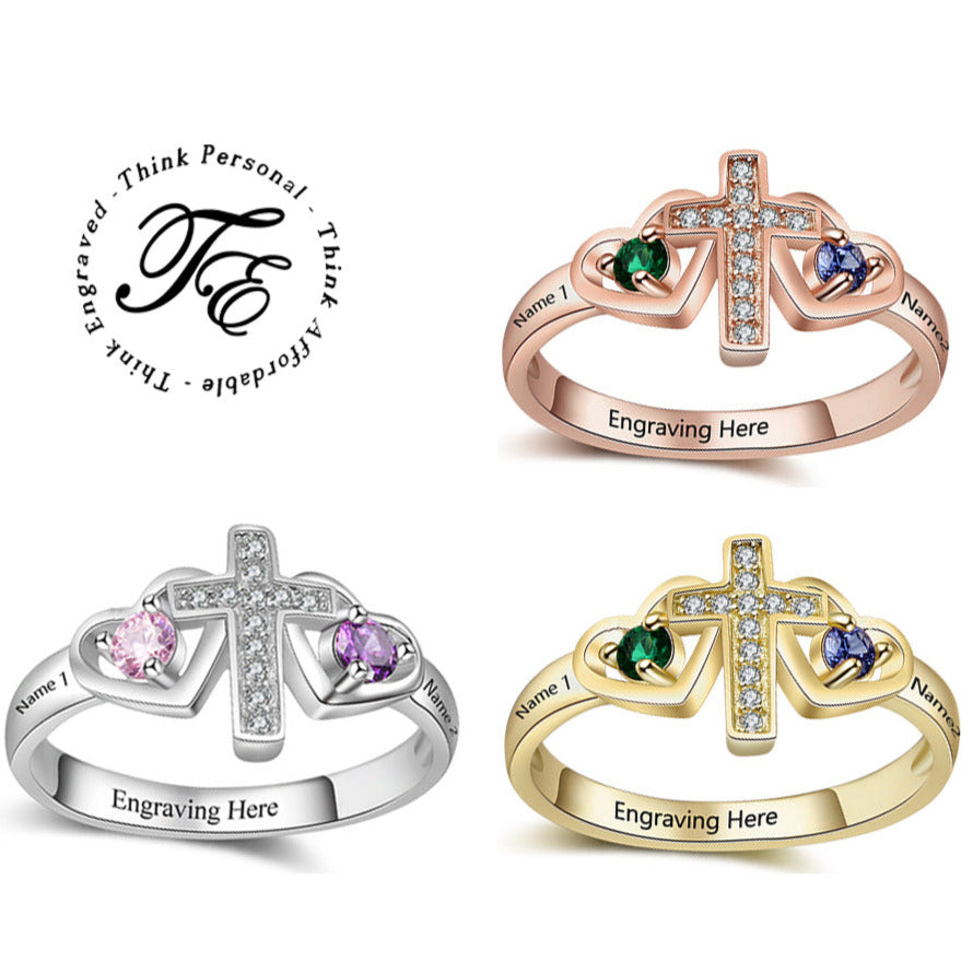 Custom Engraved Name and 2 Birthstone Cross Mother's Ring .925 Sterling Silver
