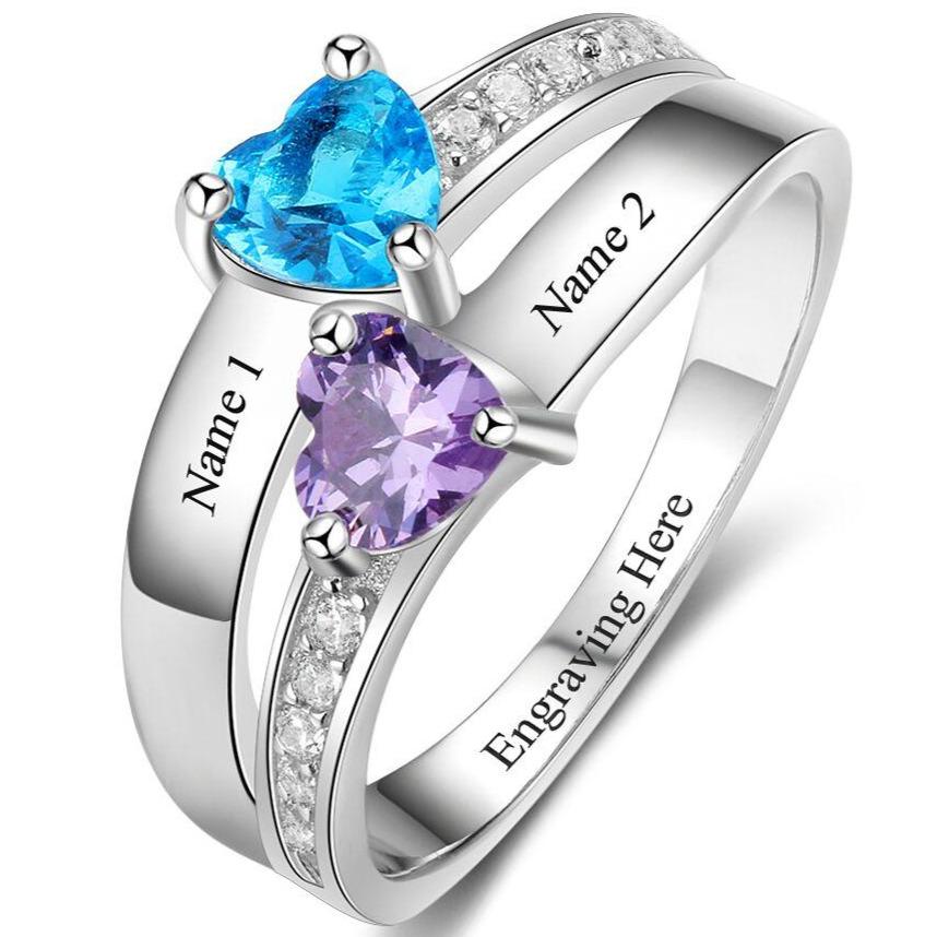 Personalized 2 Birthstone Mother's Ring Elegant Hearts 2 Engraved Names