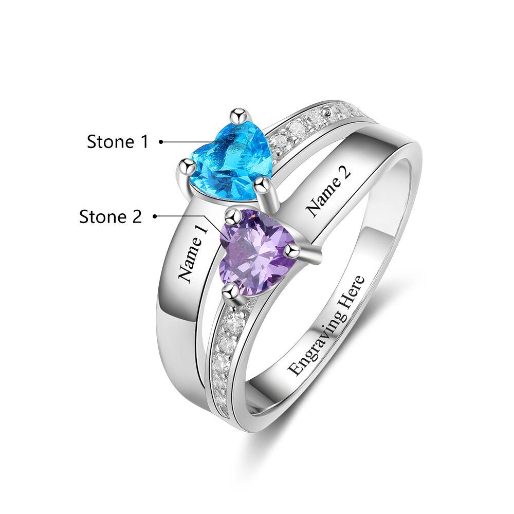 Personalized 2 Birthstone Mother's Ring Elegant Hearts 2 Engraved Names