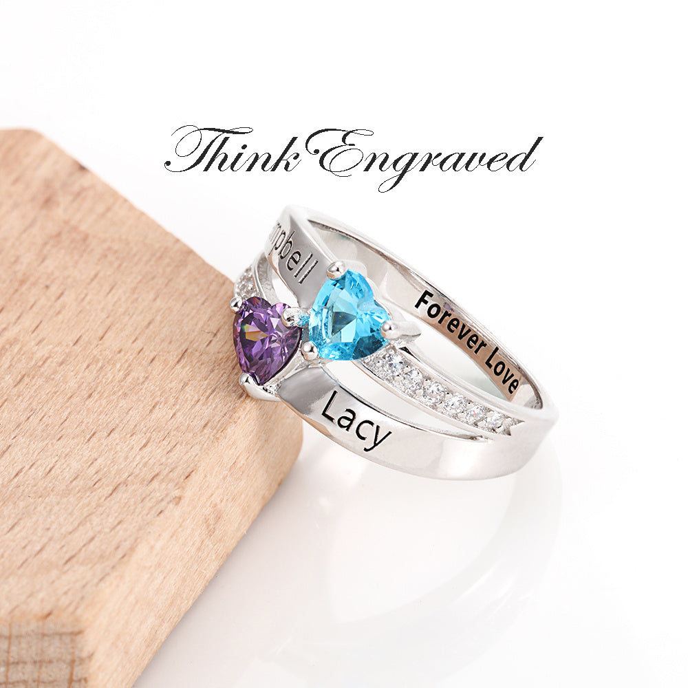 Personalized 2 Birthstone Mother's Ring Elegant Hearts 2 Engraved Names