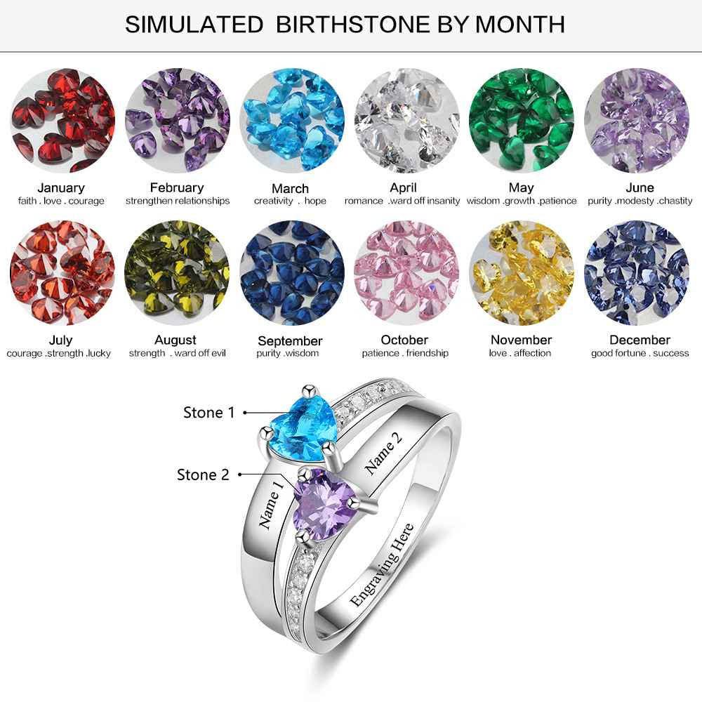 Personalized 2 Birthstone Mother's Ring Elegant Hearts 2 Engraved Names