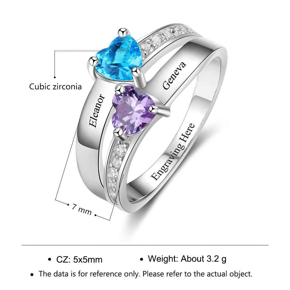 Personalized 2 Birthstone Mother's Ring Elegant Hearts 2 Engraved Names