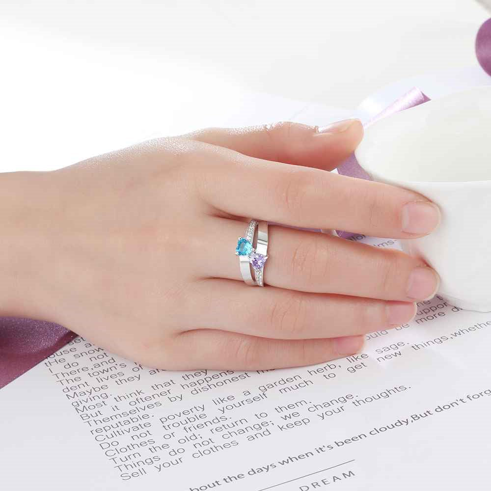Personalized 2 Birthstone Mother's Ring Elegant Hearts 2 Engraved Names