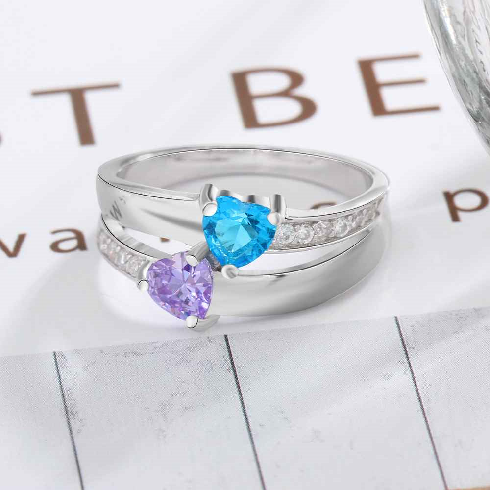 Personalized 2 Birthstone Mother's Ring Elegant Hearts 2 Engraved Names