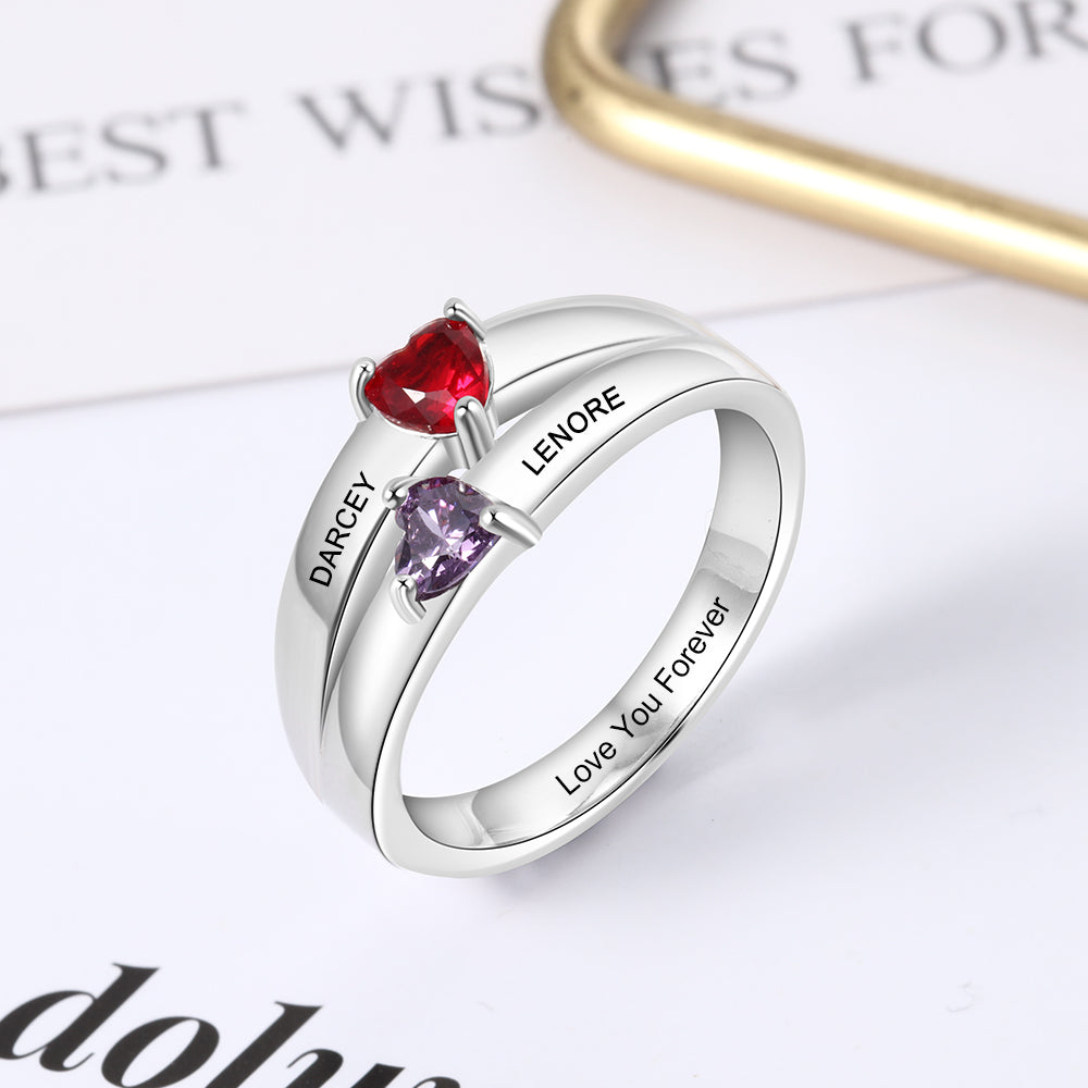Personalized 2 Birthstone Mother's Ring Reaching Hearts 2 Engraved Names