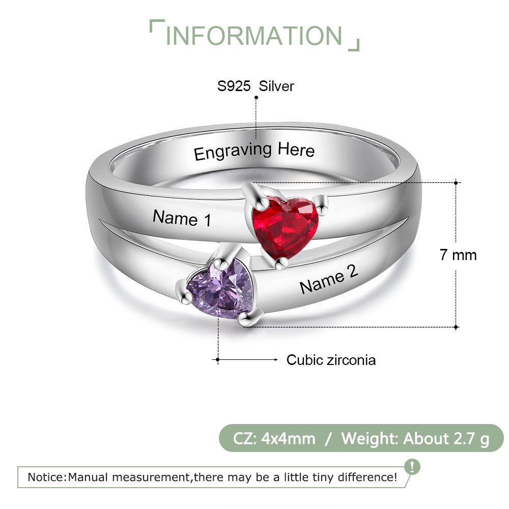 Personalized 2 Birthstone Mother's Ring Reaching Hearts 2 Engraved Names