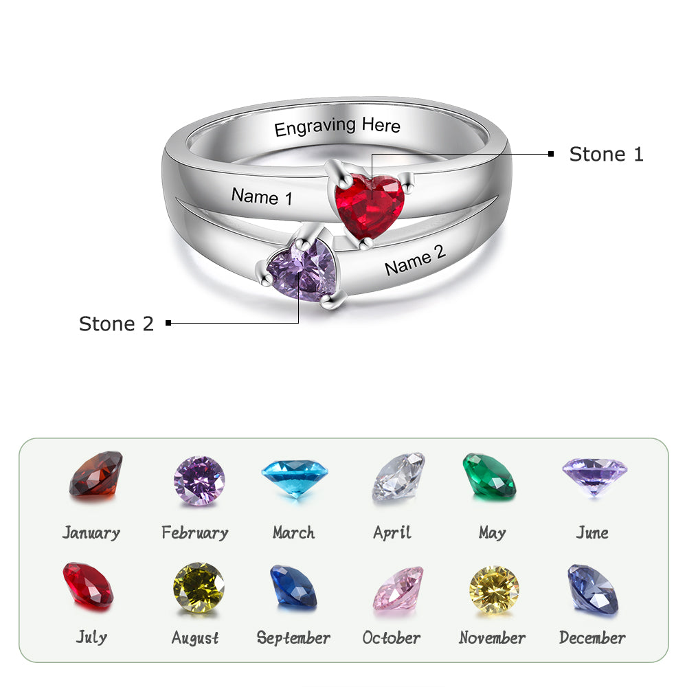 Personalized 2 Birthstone Mother's Ring Reaching Hearts 2 Engraved Names
