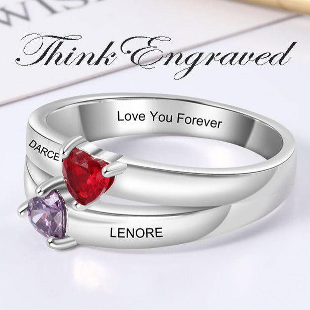 Personalized 2 Birthstone Mother's Ring Reaching Hearts 2 Engraved Names