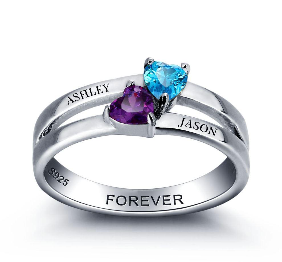 Personalized 2 Birthstone Mother's Ring Reaching Hearts 2 Engraved Names