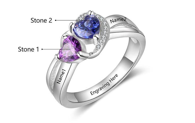 Personalized 2 Heart Birthstone Mother's Hearts 2 Engraved Names