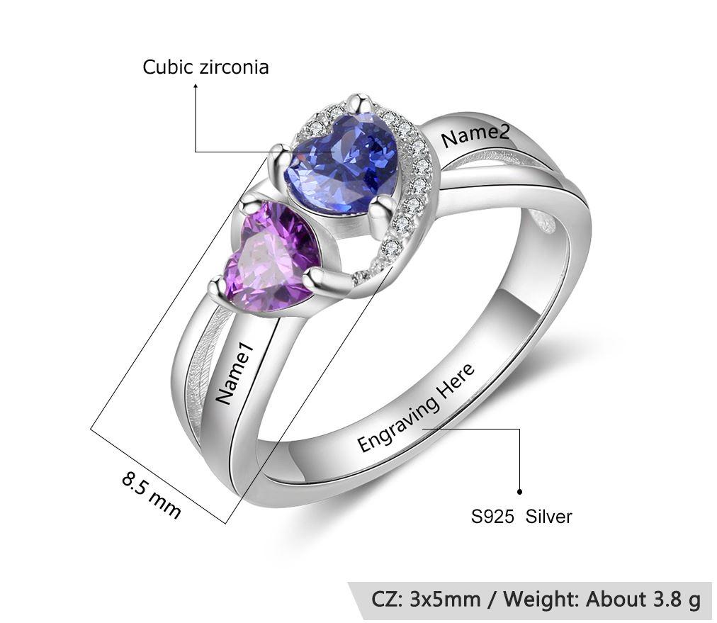 Personalized 2 Heart Birthstone Mother's Hearts 2 Engraved Names