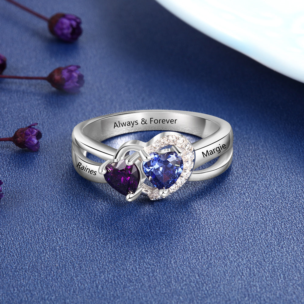 Personalized 2 Heart Birthstone Mother's Hearts 2 Engraved Names