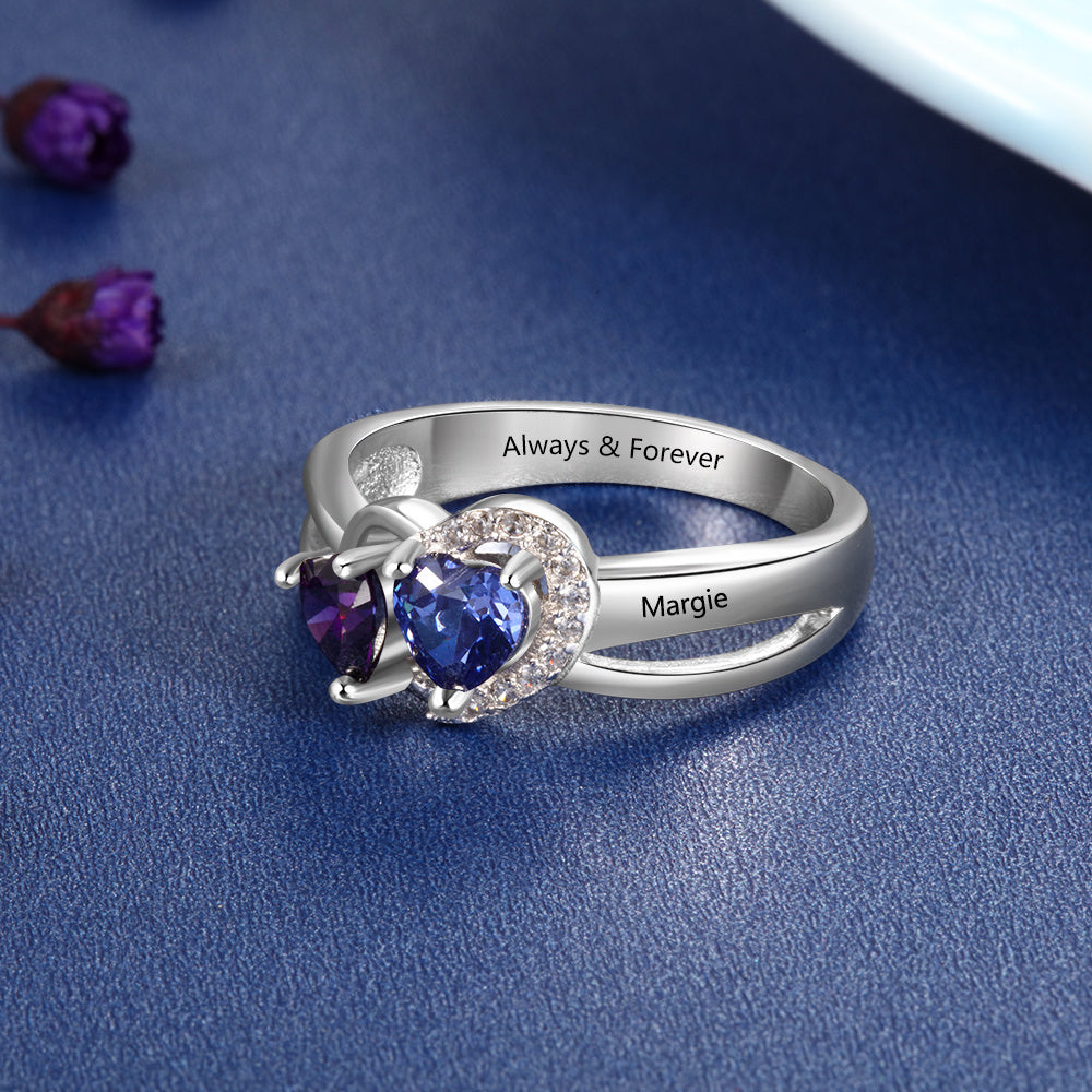 Personalized 2 Heart Birthstone Mother's Hearts 2 Engraved Names