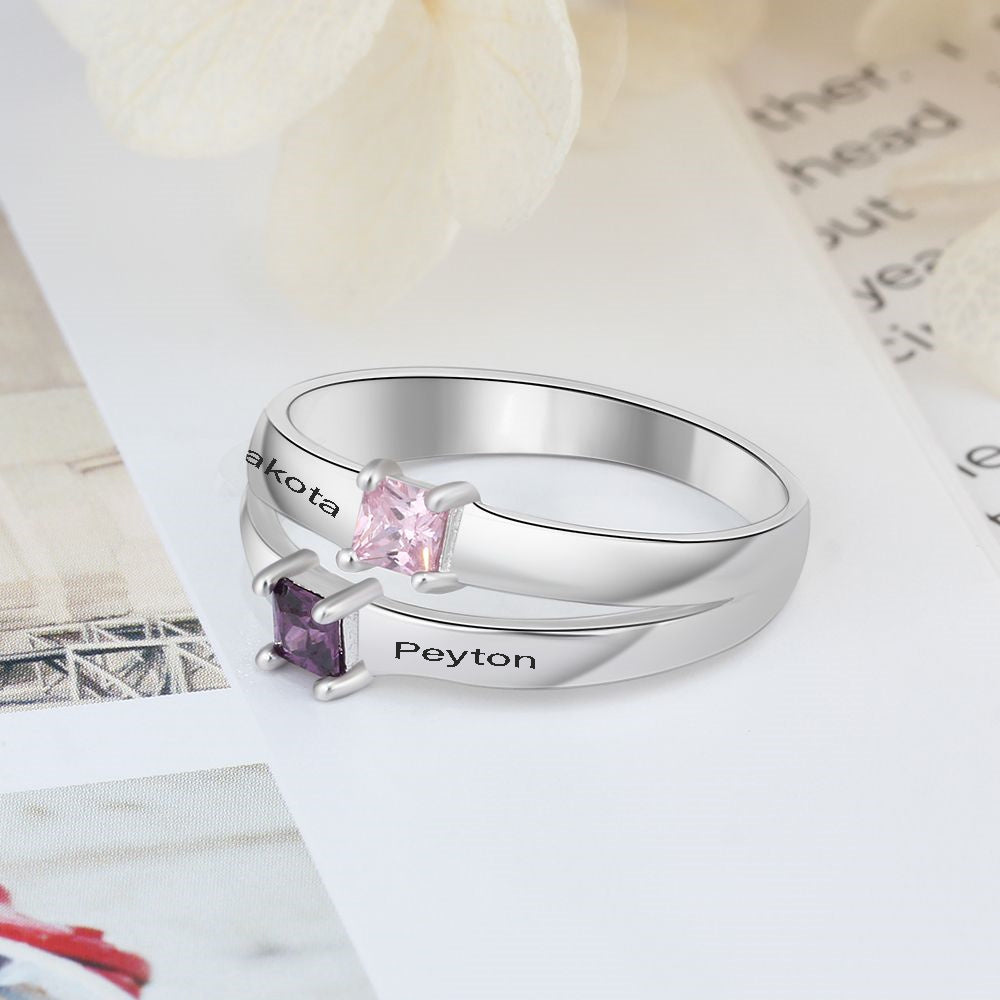 Personalized 2 Pillow Cut Birthstone Mother's Ring With 2 Engraved Names