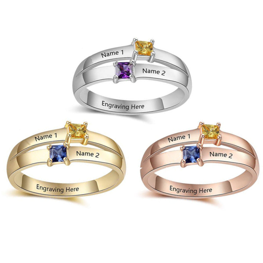 Personalized Mother's Ring 2 Birthstones Pillow Cut 2 Engraved Names