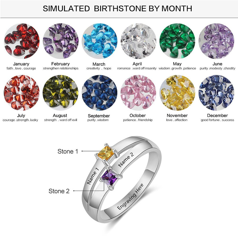 Personalized Mother's Ring 2 Birthstones Pillow Cut 2 Engraved Names