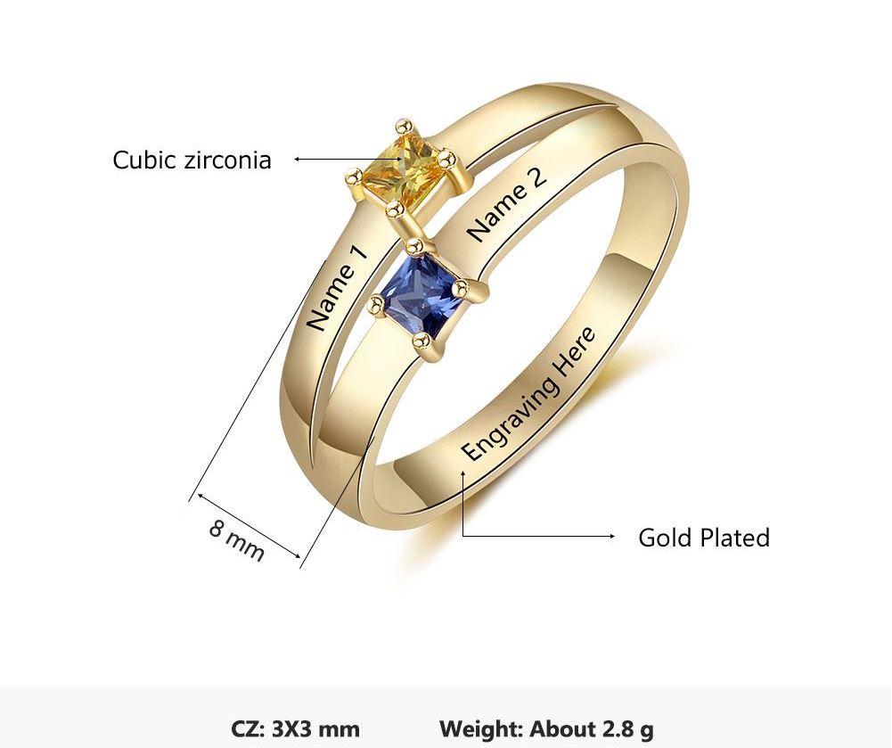 Personalized Mother's Ring 2 Birthstones Pillow Cut 2 Engraved Names
