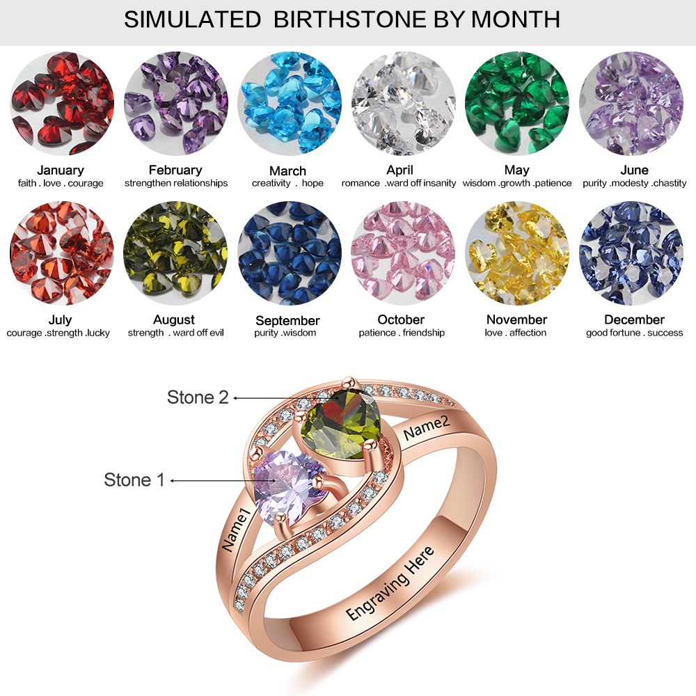 Personalized Rose Gold Mother's Ring 2 Heart Birthstones Passing Hearts 2 Names