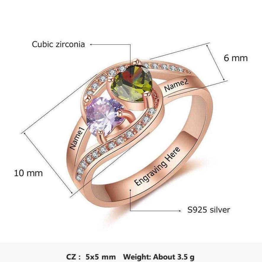 Personalized Rose Gold Mother's Ring 2 Heart Birthstones Passing Hearts 2 Names