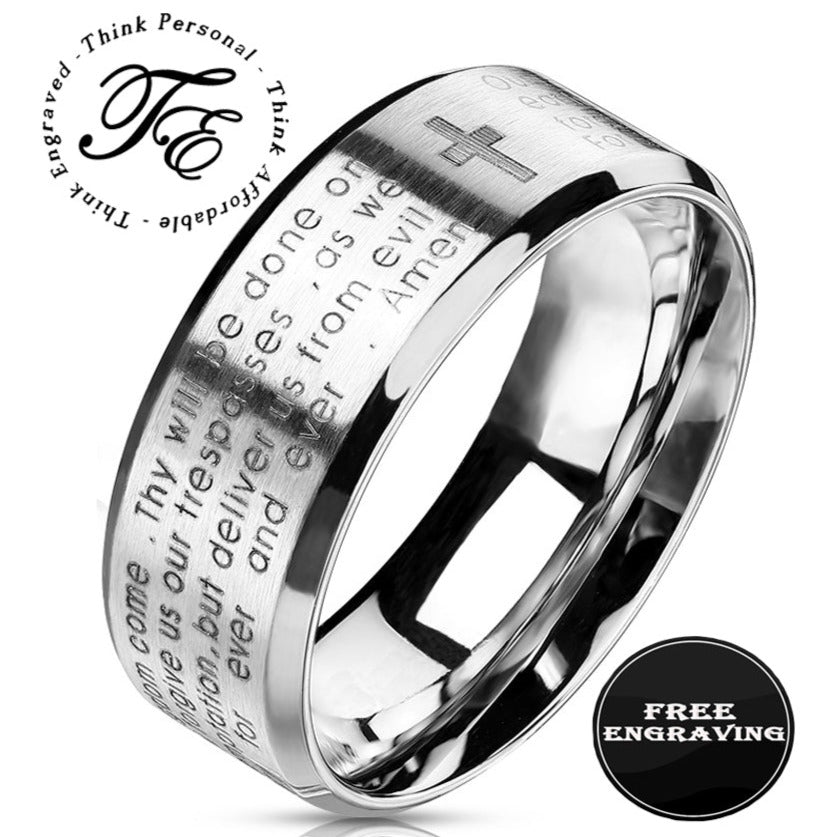 Personalized Lord's Prayer Christian Cross Ring - Religious Ring Engraved