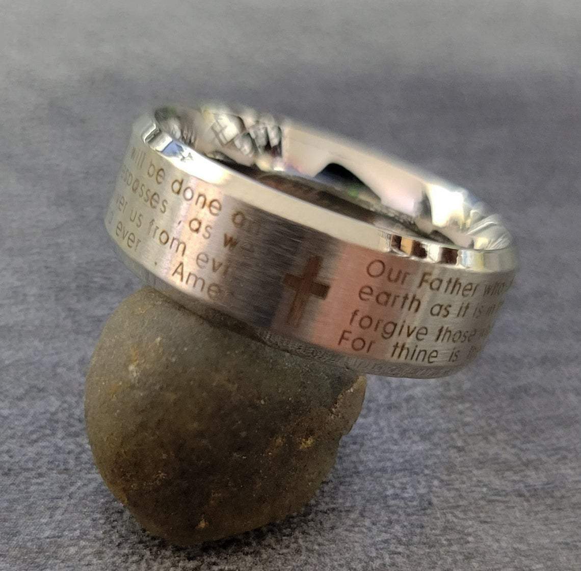 Personalized Lord's Prayer Christian Cross Ring - Religious Ring Engraved