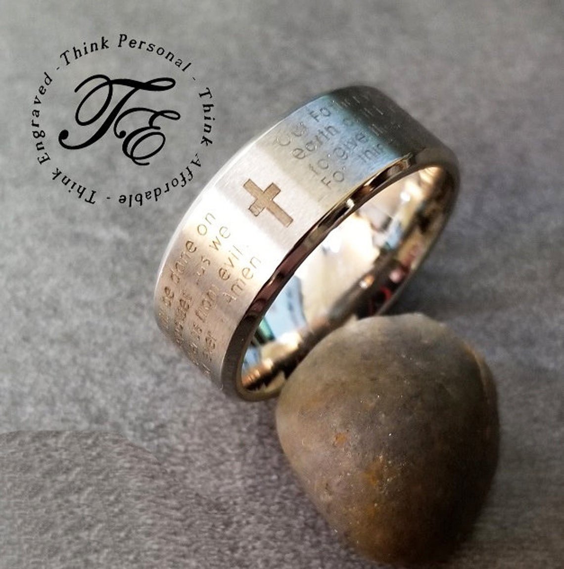 Personalized Lord's Prayer Christian Cross Ring - Religious Ring Engraved
