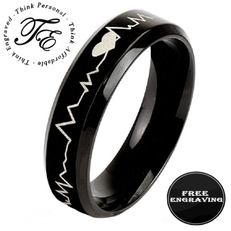 Personalized Men's Black Heartbeat Promise Ring - Engraved Handwriting Ring
