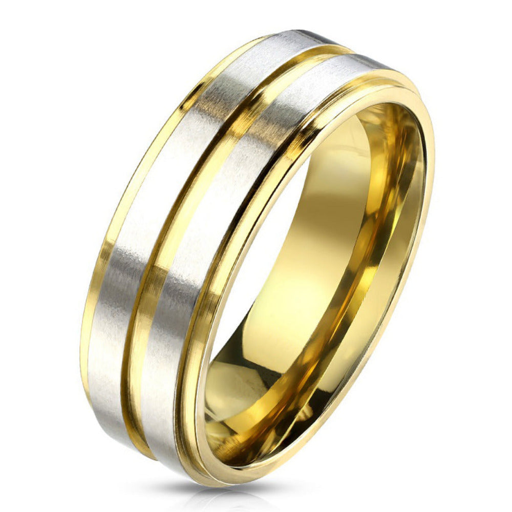Personalized Women's Promise Ring - Center Groove 14k Gold Over Stainless Steel