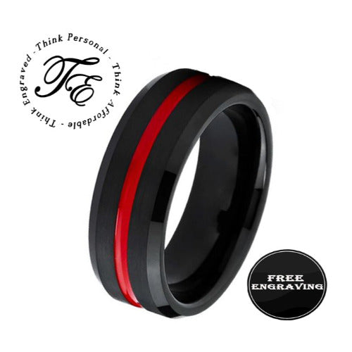 Personalized Men's Promise Ring - Black With Red Line Groove Stainless Steel