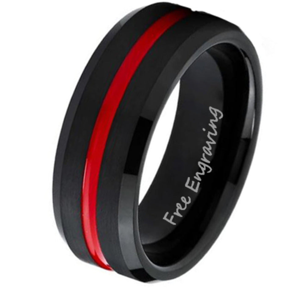 Personalized Men's Promise Ring - Black With Red Line Groove Stainless Steel