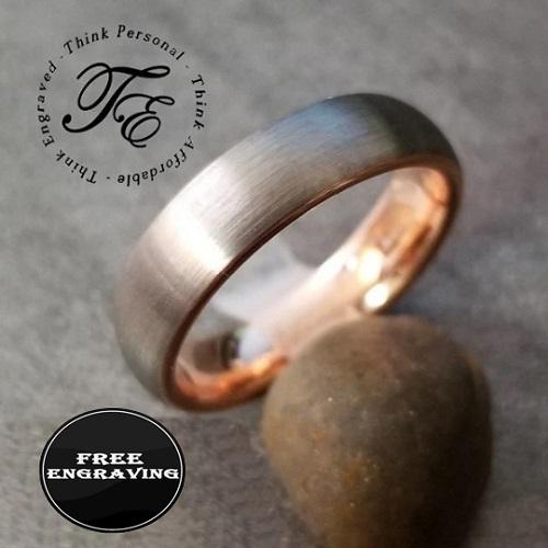 Personalized Men's Promise Ring - Rose Gold and Brushed Steel Real Tungsten