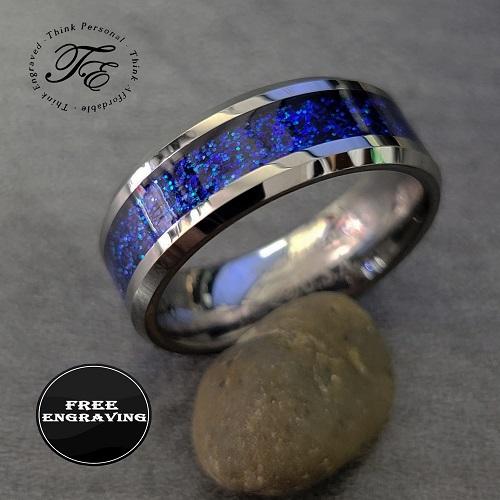 Personalized Engraved Men's Blue Fire Opal Promise Ring