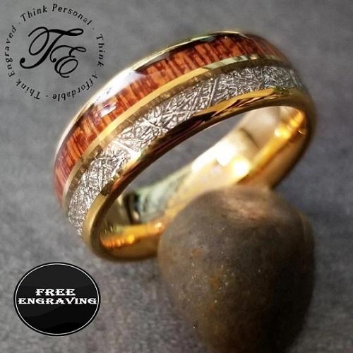 Personalized Men's Gold Tungsten Promise Ring Wood and Meteor