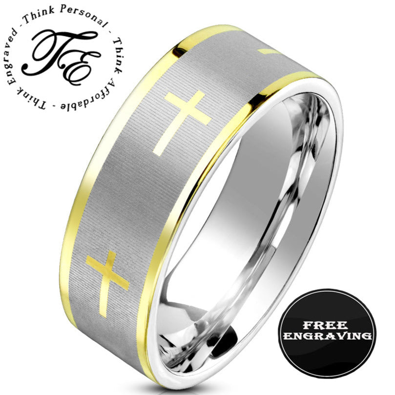 Custom Engraved Men's Christian Cross Promise Ring - Engraved Handwriting Ring For Guys