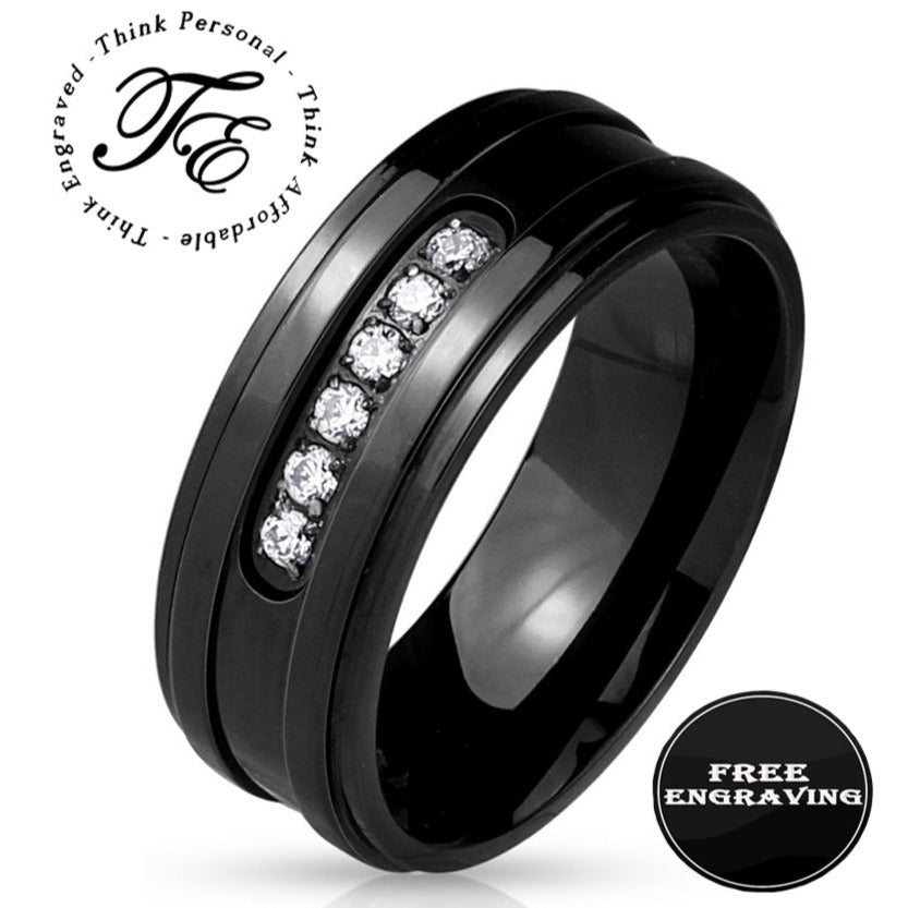 Personalized Engraved Men's Promise Ring - Black With Clear Gems Stainless Steel