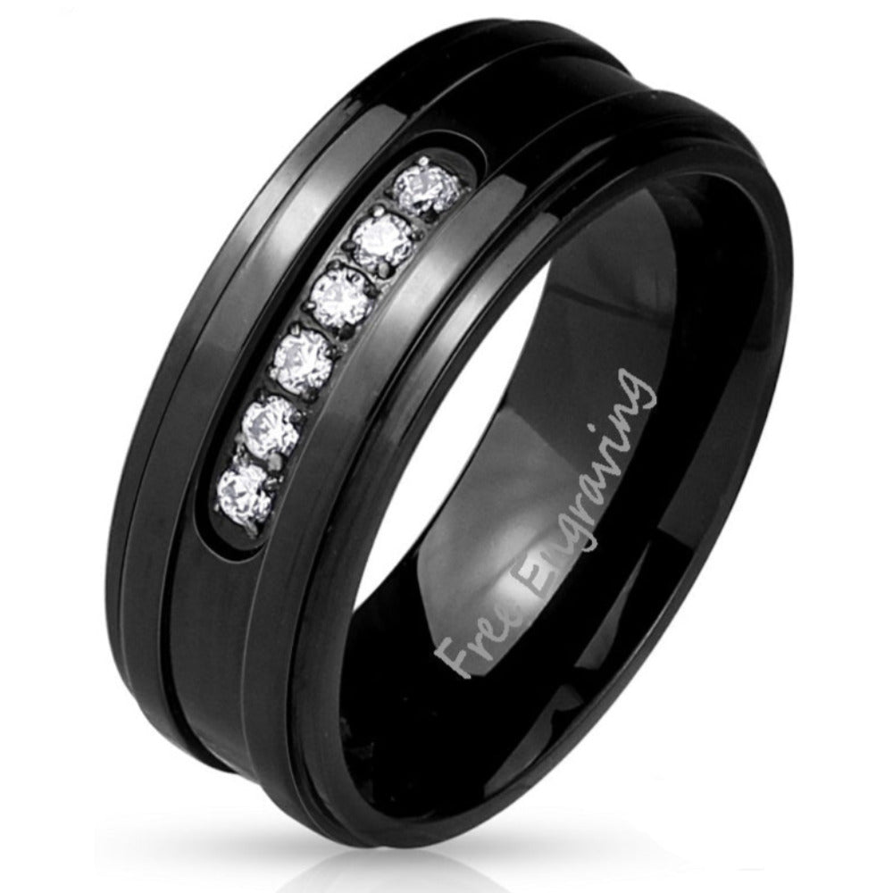 Personalized Engraved Men's Promise Ring - Black With Clear Gems Stainless Steel
